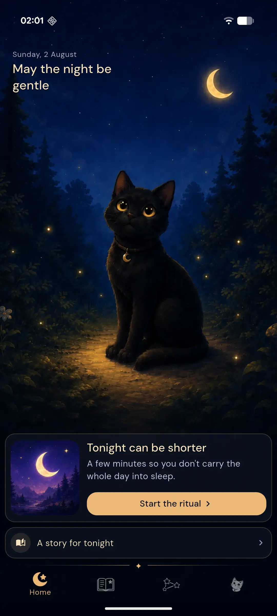 Nox home screen with the companion cat and today's greeting